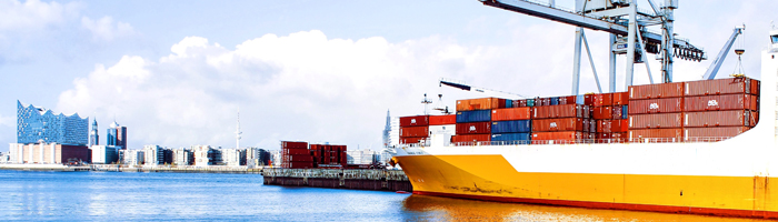 Containerschiff mit Blick auf den Hamburger Hafen und die Elbphilharmonie